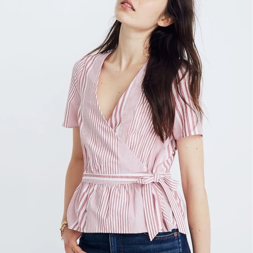 Madewell Blouse‎ Womens Small Pink Striped Peplum Ruffle Hem Wrap Tie Waist